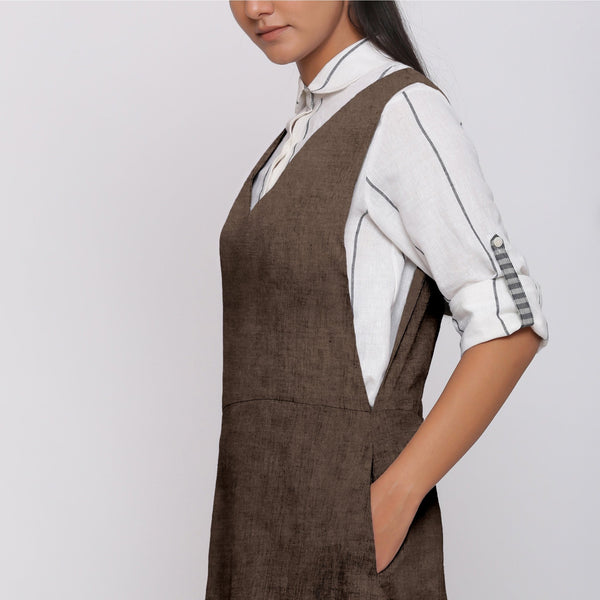 Brown Cotton Linen V-Neck Midi Pinafore Dress