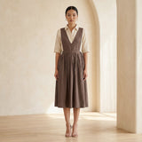 Brown Cotton-Linen V-Neck Pinafore Midi Wrap Dress