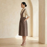 Brown Cotton-Linen V-Neck Pinafore Midi Wrap Dress