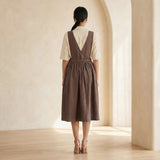 Brown Cotton-Linen V-Neck Pinafore Midi Wrap Dress