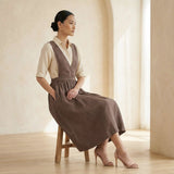 Brown Cotton-Linen V-Neck Pinafore Midi Wrap Dress