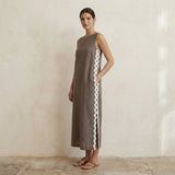 Brown Cotton Linen Wavy Stripe Maxi Shift Dress