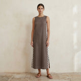 Brown Cotton Linen Wavy Stripe Maxi Shift Dress