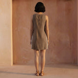 Brown Cotton Linen Wavy Stripe Short Shift Dress