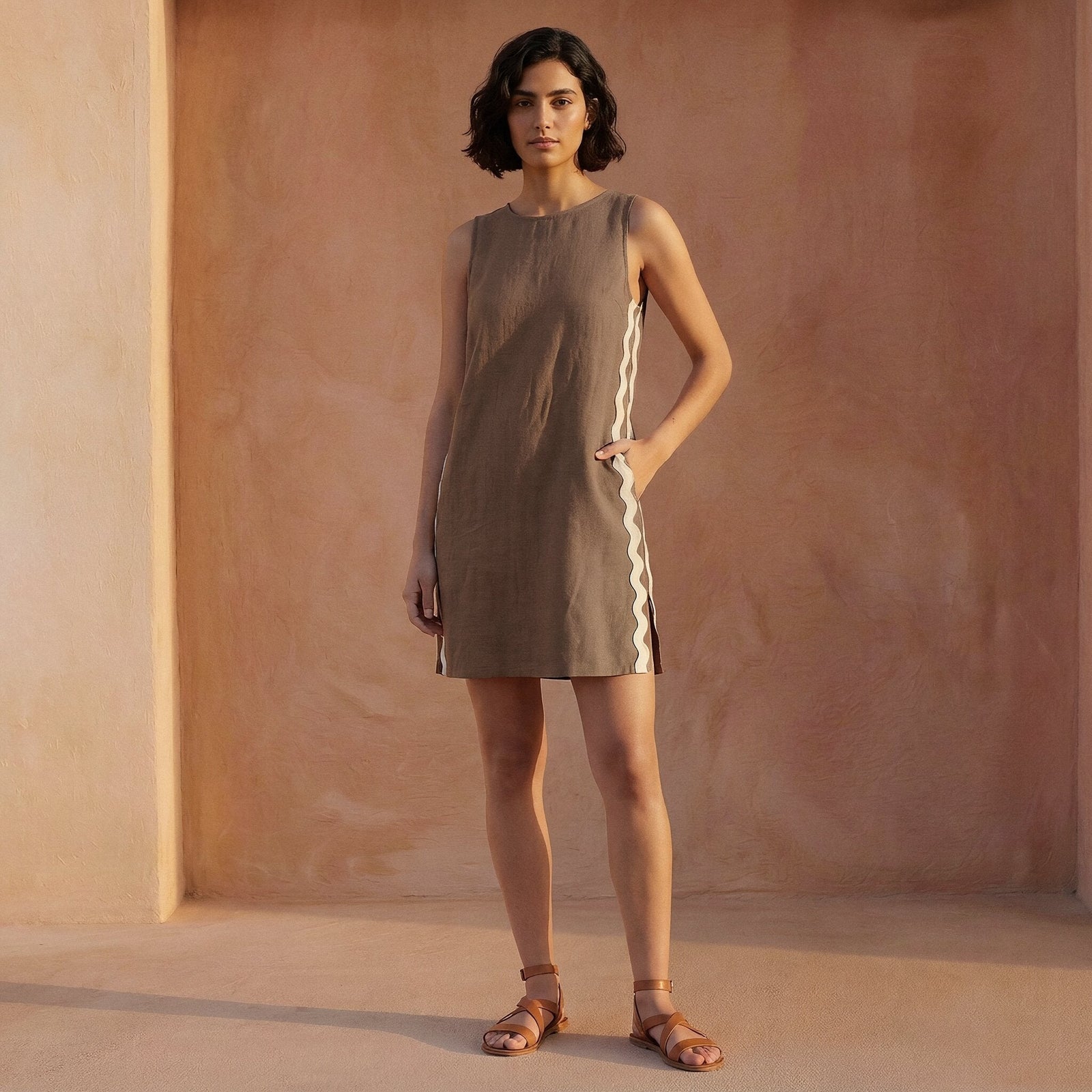 Brown Cotton Linen Wavy Stripe Short Shift Dress 30