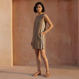 Brown Cotton Linen Wavy Stripe Short Shift Dress