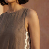 Brown Cotton Linen Wavy Stripe Short Shift Dress