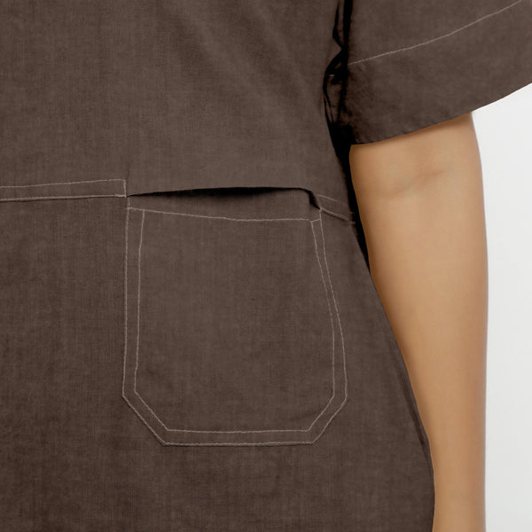 Brown Cotton Linen Yoked Knee Length Shift Dress