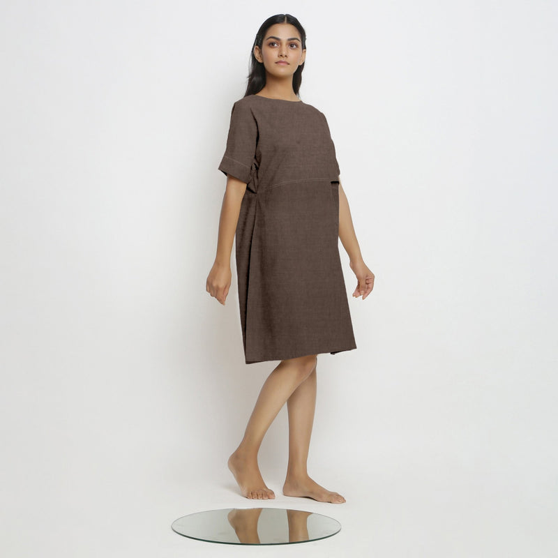 Brown Cotton Linen Yoked Knee Length Shift Dress