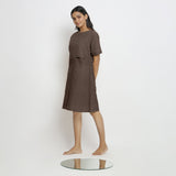 Brown Cotton Linen Yoked Knee Length Shift Dress
