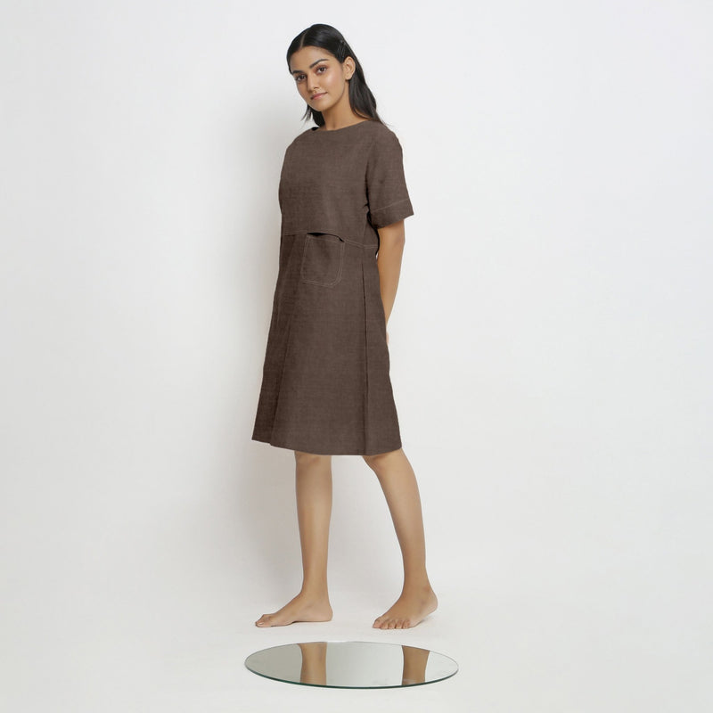 Brown Cotton Linen Yoked Knee Length Shift Dress