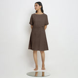 Brown Cotton Linen Yoked Knee Length Shift Dress
