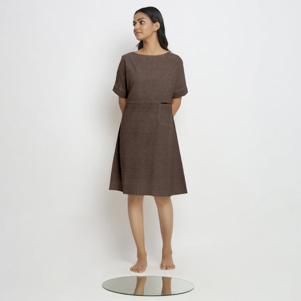 Brown Cotton Linen Yoked Knee Length Shift Dress
