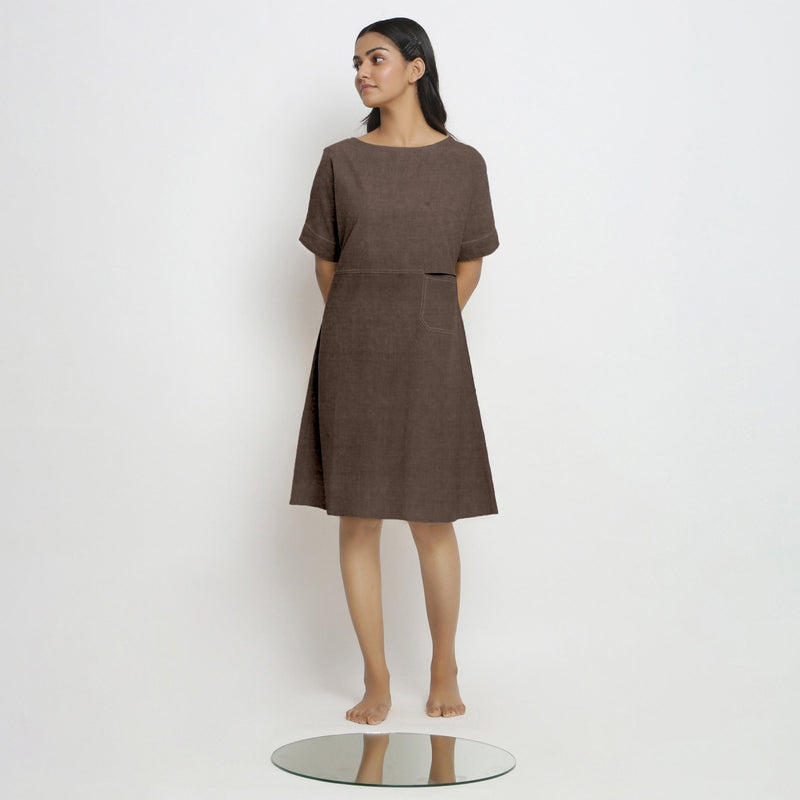 Brown Cotton Linen Yoked Knee Length Shift Dress Custom Size (Free) / Custom Height (Free) Brown Cotton Linen Yoked Knee Length Shift Dress Custom Size (Free) / Custom Height (Free)