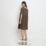 Brown Cotton Linen Yoked Knee Length Shift Dress