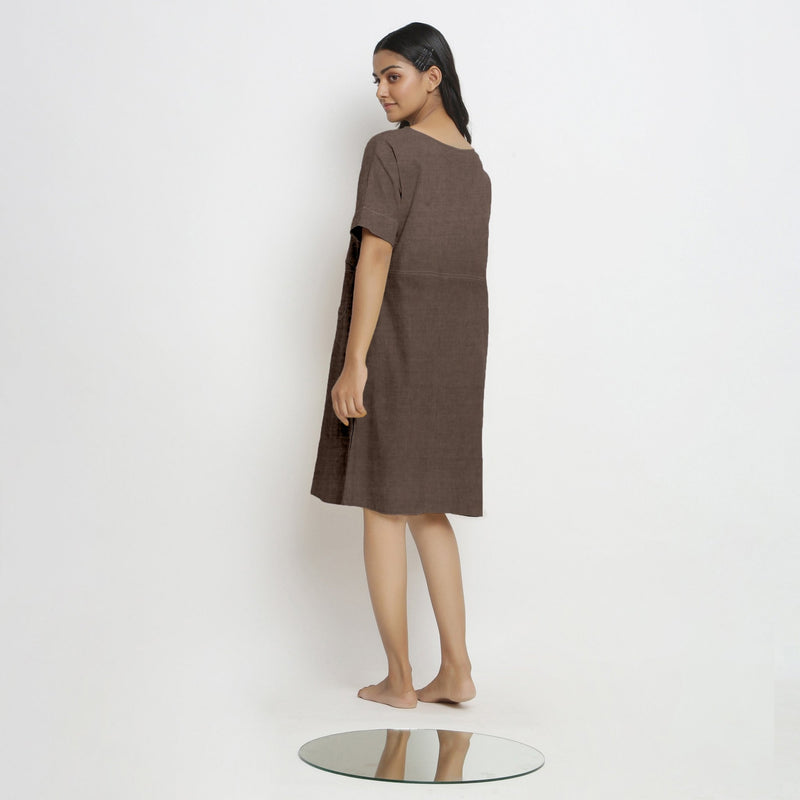Brown Cotton Linen Yoked Knee Length Shift Dress