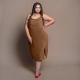 Brown Cotton Velvet Cowl Neck Midi Slip Dress