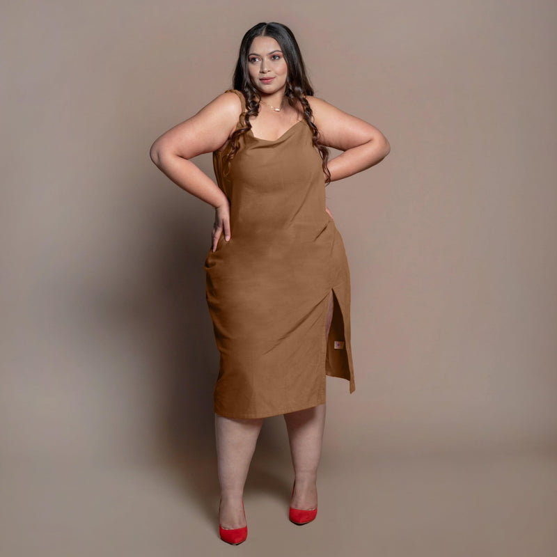 Brown Cotton Velvet Cowl Neck Midi Slip Dress