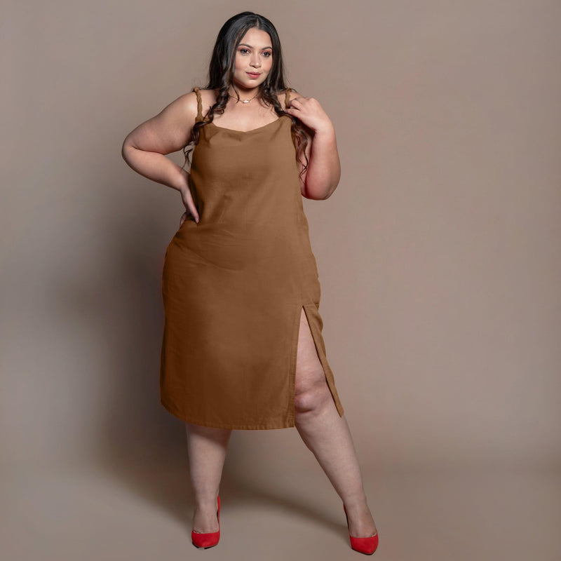 Brown Cotton Velvet Cowl Neck Midi Slip Dress