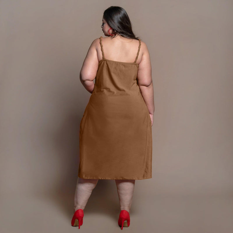 Brown Cotton Velvet Cowl Neck Midi Slip Dress