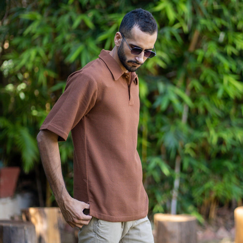 Brown Cotton Waffle Polo T-Shirt