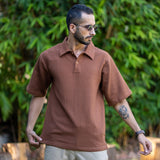 Brown Cotton Waffle Polo T-Shirt