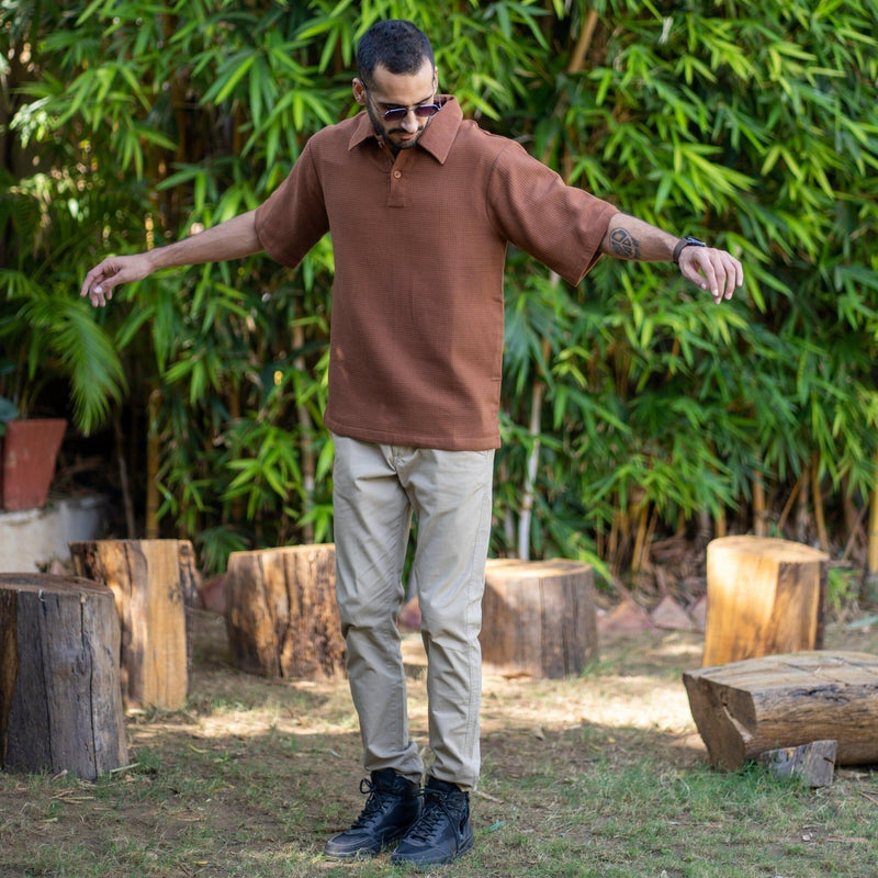 Brown Cotton Waffle Polo T-Shirt