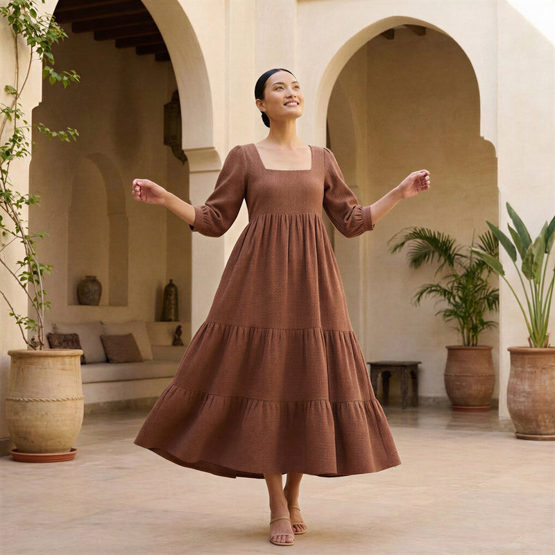 brown tiered midi dress delicate flutter tiered midi dress