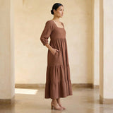 Brown Cotton Waffle Square Neck Tiered Midi Dress