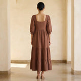 Brown Cotton Waffle Square Neck Tiered Midi Dress