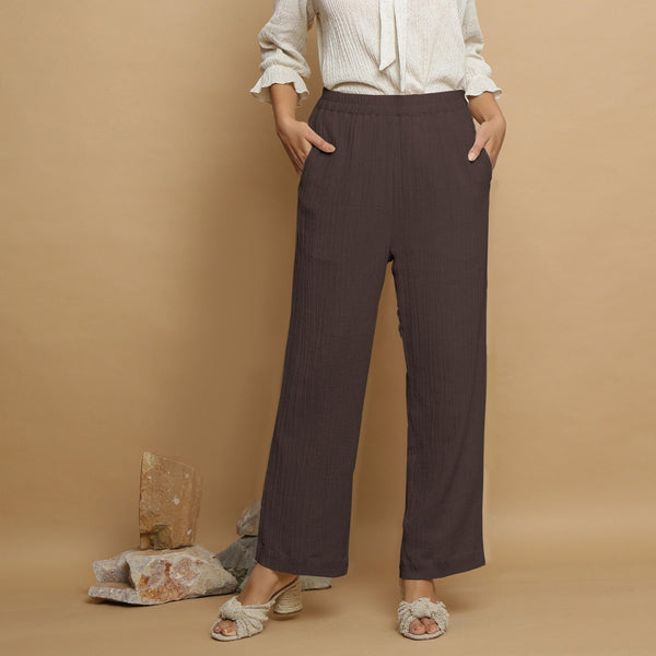 Brown Crinkled Cotton Flax Elasticated Mid-Rise Pant