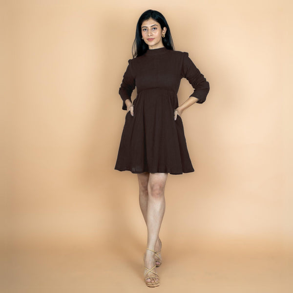 Brown Crinkled Cotton Flax Fit and Flare Short Empire Dress