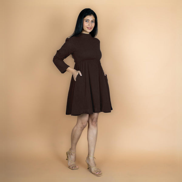 Brown Crinkled Cotton Flax Fit and Flare Short Empire Dress