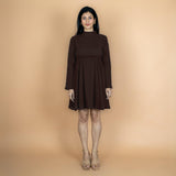 Brown Crinkled Cotton Flax Fit and Flare Short Empire Dress