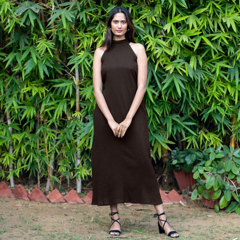 Brown Crinkled Cotton Flax Halter Neck Maxi Dress