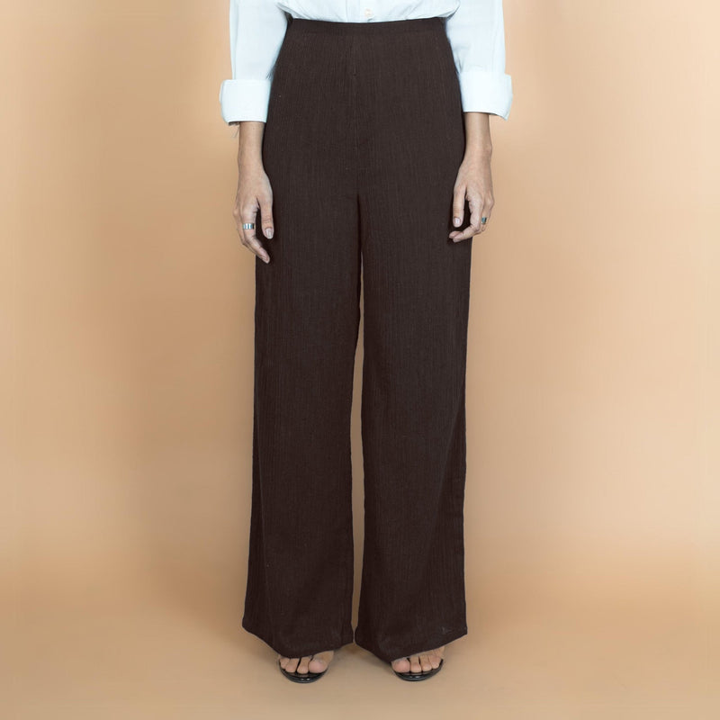 Brown Crinkled Cotton Flax High-Rise Flared Pant