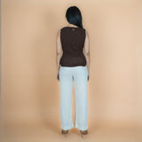 Brown Crinkled Cotton Flax Sleeveless Tie-Up Top