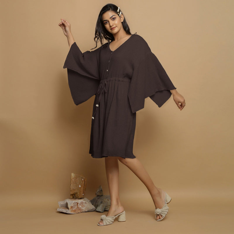 Brown Crinkled Cotton Flax V-Neck Drop Shoulder Knee Length Dress
