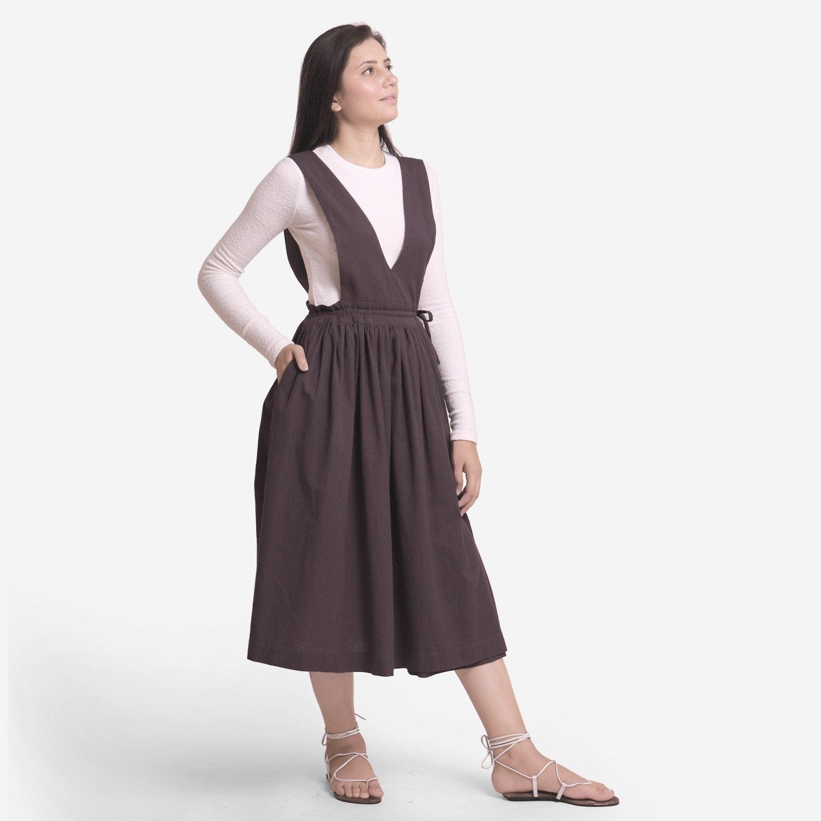 Brown Deep Neck Cotton Flax Pinafore Midi Wrap Dress 56" / Custom Height (Free) Brown Deep Neck Cotton Flax Pinafore Midi Wrap Dress 56" / Custom Height (Free)