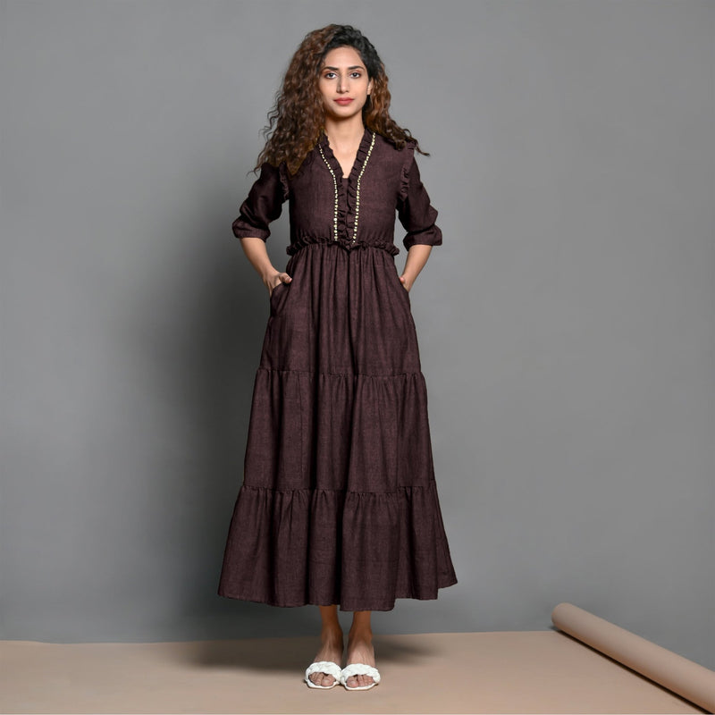 Brown Hand-Beaded Cotton Flax Boho Maxi Dress