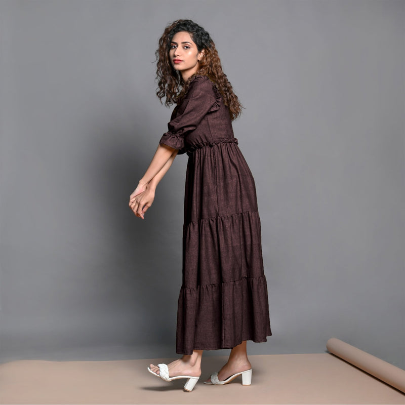 Brown Hand-Beaded Cotton Flax Boho Maxi Dress