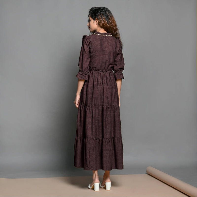 Brown Hand-Beaded Cotton Flax Boho Maxi Dress