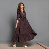 Brown Hand-Beaded Cotton Flax Boho Maxi Dress