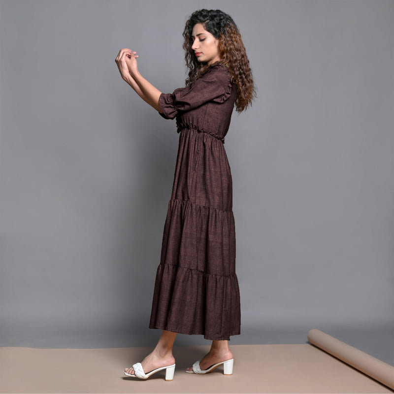 Brown Hand-Beaded Cotton Flax Boho Maxi Dress