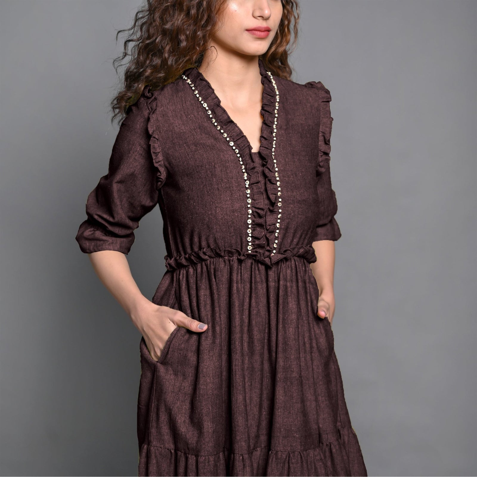 Brown Hand-Beaded Cotton Flax Boho Maxi Dress 44