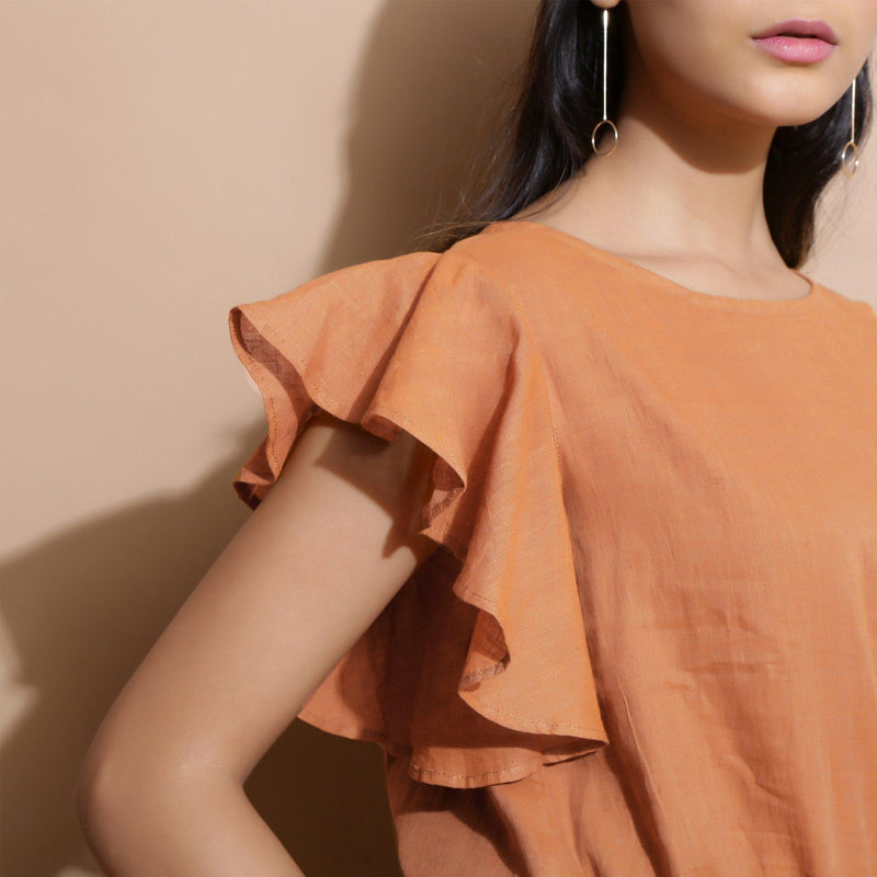 Front Detail of a Model wearing Brown Handspun Solid Cotton Playsuit