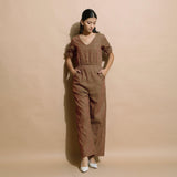 Front View of a Model wearing Handspun Frilled Sleeve Straight Jumpsuit