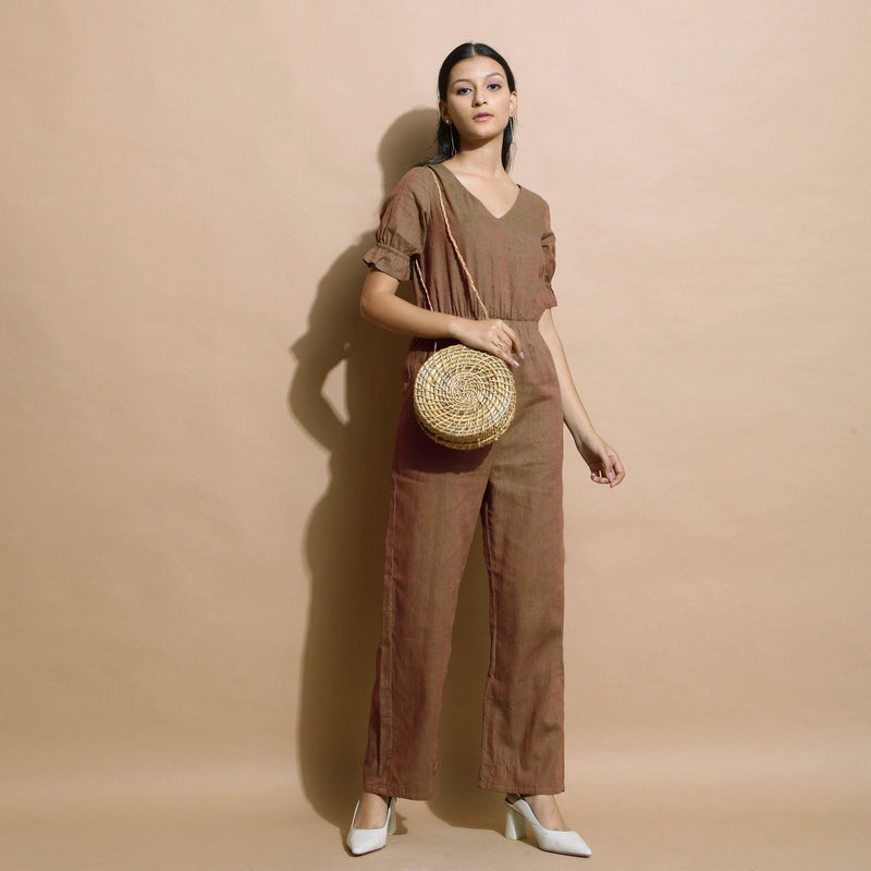 Front View of a Model wearing Handspun Frilled Sleeve Straight Jumpsuit