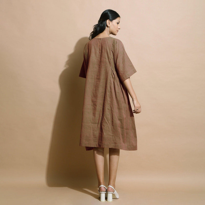 Back View of a Model wearing Handspun Brown Paneled Loose Fit Dress