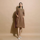 Front View of a Model wearing Handspun Brown Paneled Loose Fit Dress